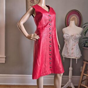 Vintage Prats Export Leather Dress Red Midi Mod Button Front Spain Size 1
